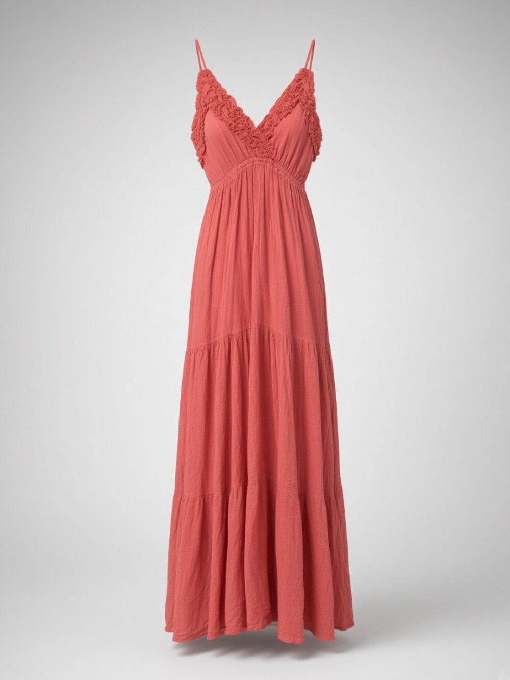 Pink Rolled Ruffle Trim V-neck Adjustable Straps Stretch Waist Cotton Maxi Dress